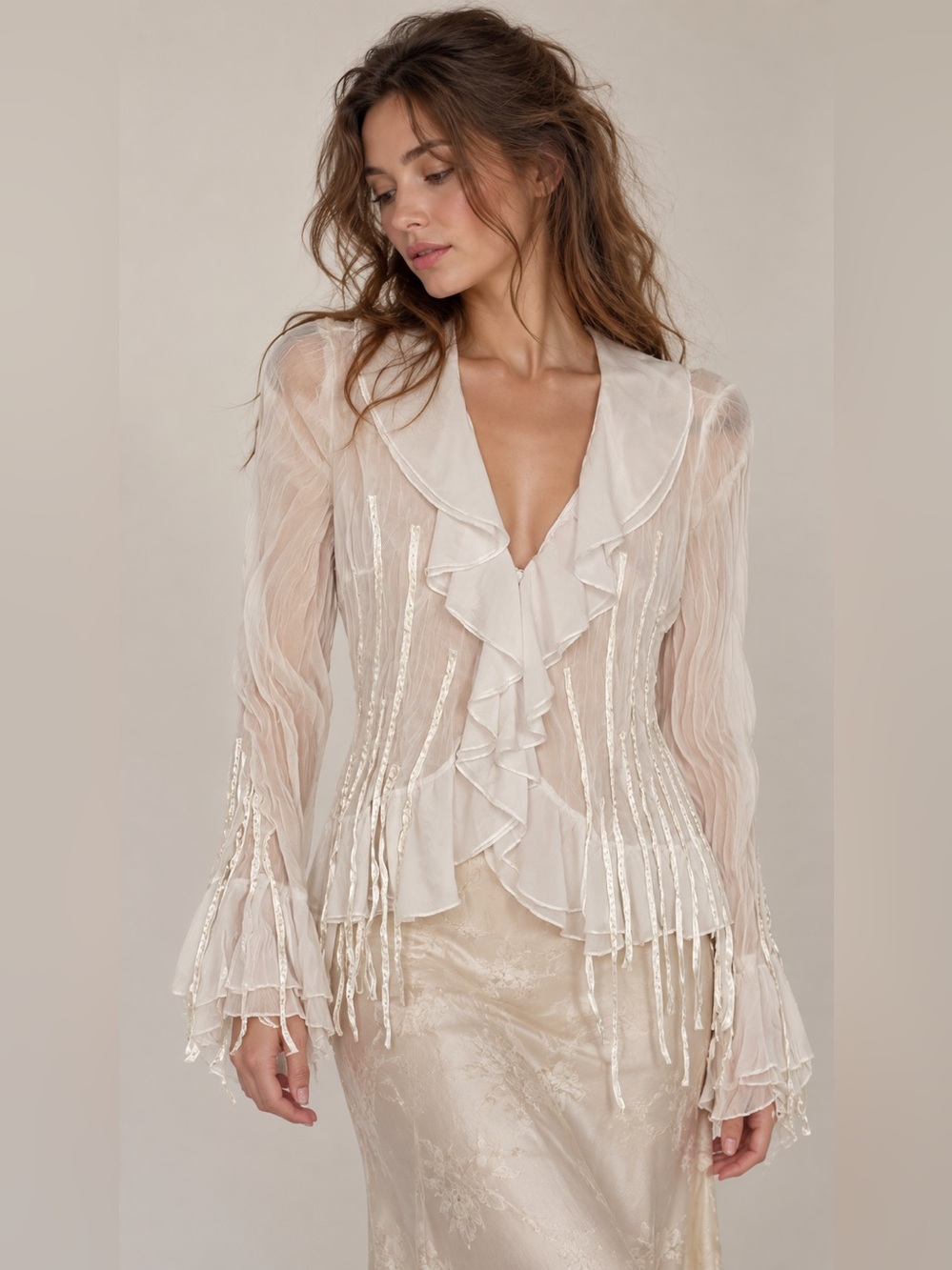 Vintage White Sheer Ruffle Blouse Fairycore Romantic Whimsigoth